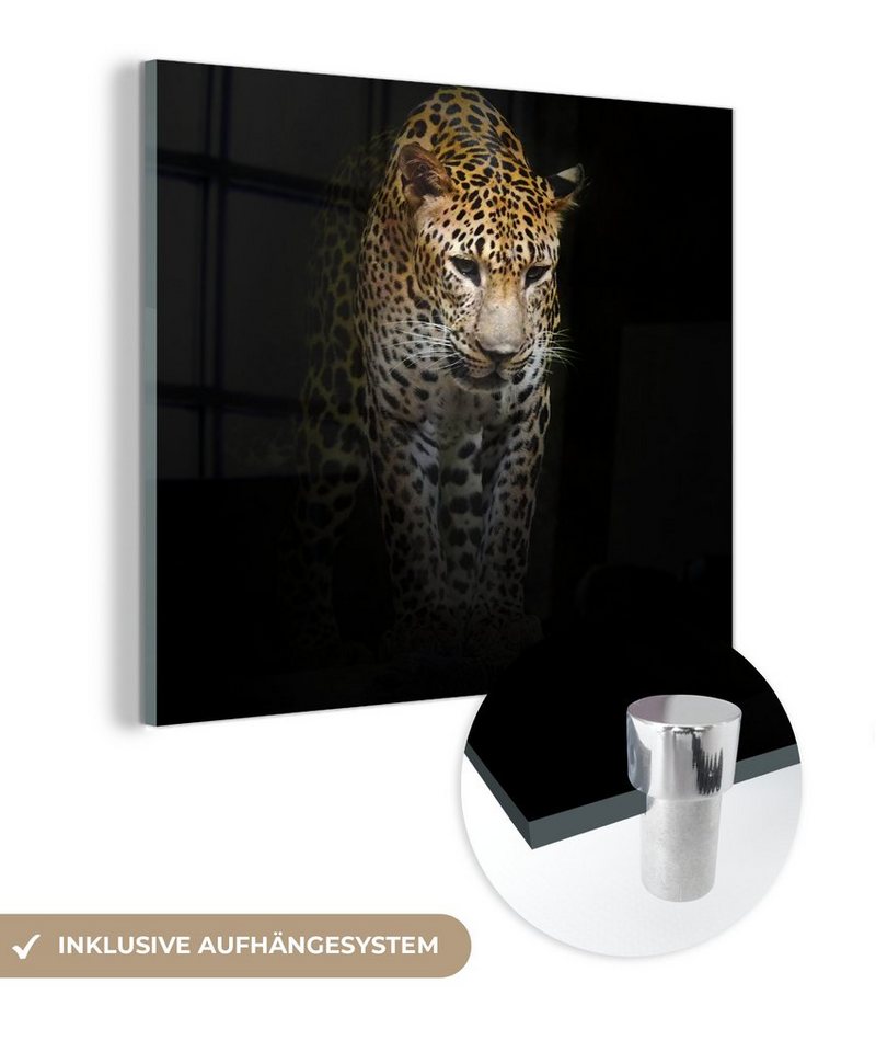 MuchoWow Acrylglasbild Leopard - Reflexion - Schwarz, Inkl. Aufhängung, Bilder auf Glas Wandbild, Wanddeko Wohnzimmer Badezimmer, 20x20 cm von MuchoWow