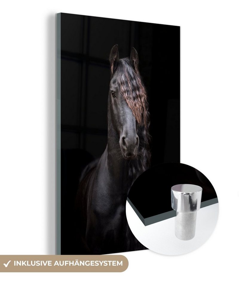 MuchoWow Acrylglasbild Pferde - Friesisch - Mähne - Schwarz - Tiere, (1 St), Glasbilder - Bilder auf Glas Wandbild - Foto auf Glas - Wanddekoration von MuchoWow