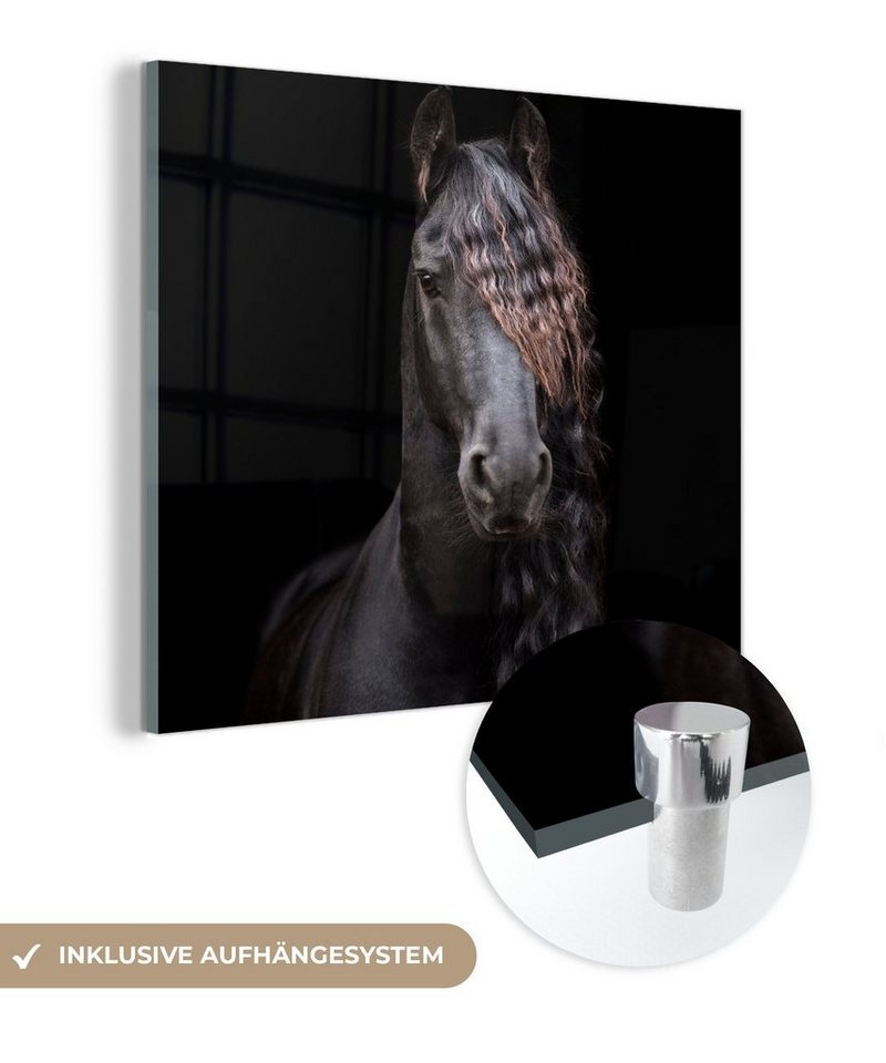 MuchoWow Acrylglasbild Pferde - Friesisch - Mähne - Schwarz - Tiere, (1 St), Glasbilder - Bilder auf Glas Wandbild - Foto auf Glas - Wanddekoration von MuchoWow