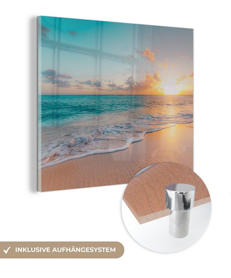MuchoWow Acrylglasbild Sonnenuntergang - Strand - Meer - Sommer - Blau, (1 St), Glasbilder - Bilder auf Glas Wandbild - Foto auf Glas - Wanddekoration von MuchoWow