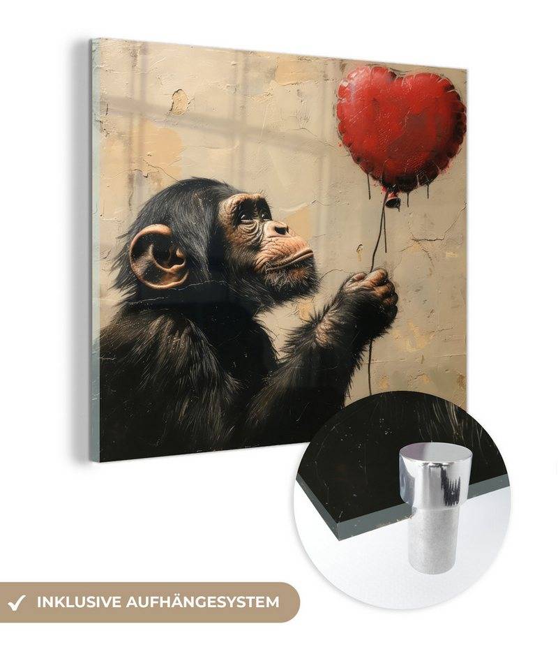 MuchoWow Acrylglasbild Straßenkunst - Schimpanse - Luftballon - Graffiti - Banksy-Stil, Fotodruck (1 St), Bilder auf Glas Wandbild, Wanddeko Wohnzimmer Badezimmer, 20x20 cm von MuchoWow