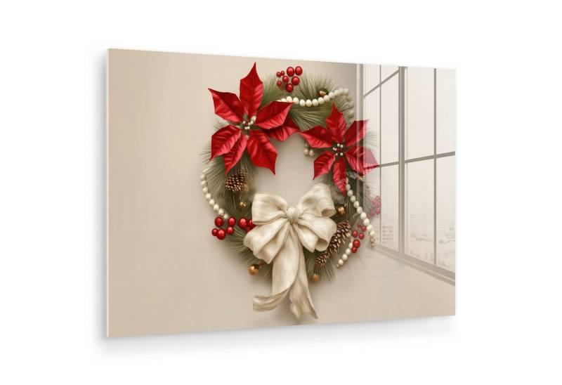 MuchoWow Acrylglasbild Türkranz - Schleife - Weihnachten - Rot - Grün, Inkl. Aufhängung, Glasbilder Wohnzimmer, Schlafzimmer, Flur & Esszimmer, 30x20 cm von MuchoWow