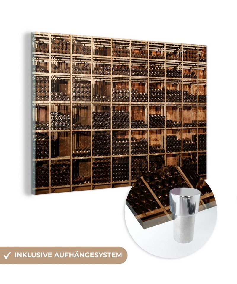 MuchoWow Acrylglasbild Viele Regale mit Weinflaschen in einem Weinkeller, Inkl. Aufhängung, Glasbilder Wohnzimmer & Schlafzimmer XXL, 120x80 cm von MuchoWow