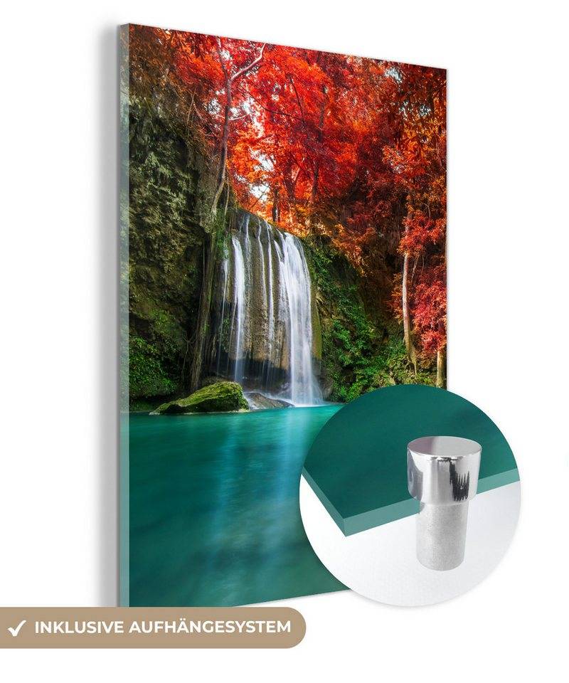 MuchoWow Acrylglasbild Wasserfall - Baum - Rot - Herbst - Wasser, Fotodruck (1 St), Glasbild Wohnzimmer, Schlafzimmer, Flur & Esszimmer, 30x40 cm von MuchoWow