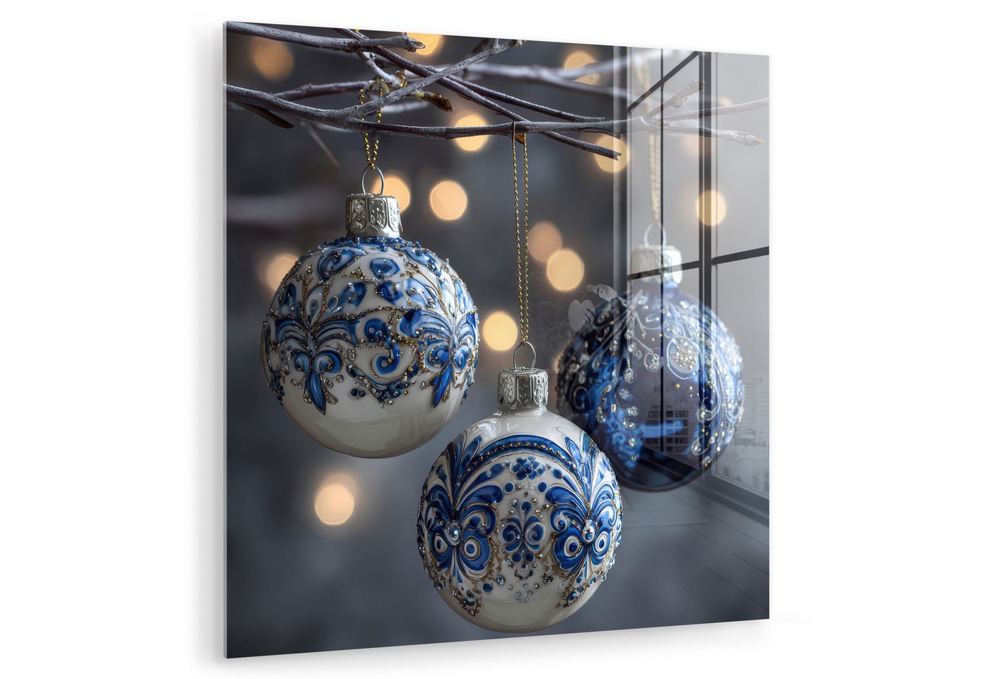 MuchoWow Acrylglasbild Weihnachtskugel - Dekoriert - Blau, Inkl. Aufhängung, Bilder auf Glas Wandbild, Wanddeko Wohnzimmer Badezimmer, 20x20 cm von MuchoWow