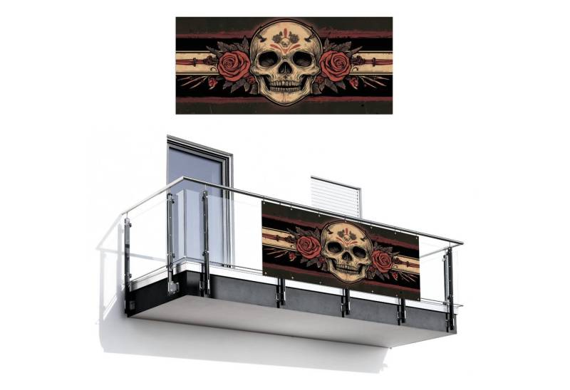 MuchoWow Balkonsichtschutz Totenkopf - Rosen - Gotisch (1-St) Balkon Sichtschutz 90x200, Windschutz für Zaun PVC, 200x90 cm von MuchoWow