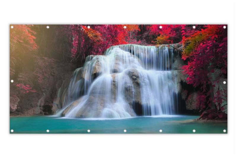 MuchoWow Balkonsichtschutz Wasserfall - Bäume - Rot - Landschaft - Natur (1-St) Balkon Sichtschutz 90x200, Windschutz für Zaun PVC, 200x90 cm von MuchoWow