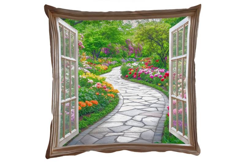 MuchoWow Dekokissen Aussicht - Blumen - Gartenweg - Natur - Fenster, Zierkissen mit Füllung für Wohnzimmer, Sofakissen, 40x40 cm von MuchoWow