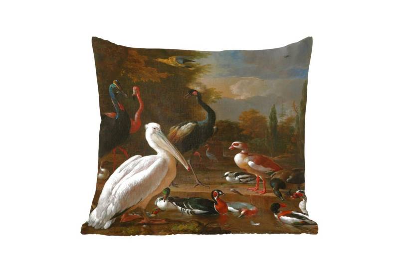MuchoWow Dekokissen Ein Pelikan und andere Vögel in der Nähe eines Wasserbeckens - Gemälde, Zierkissen mit Füllung für Wohnzimmer, Sofakissen, 40x40 cm von MuchoWow