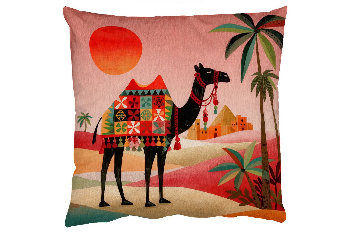 MuchoWow Dekokissen Kamel - Farbiger Teppich - Dünen - Rote Sonne, Zierkissen mit Füllung für Wohnzimmer, Sofakissen, 40x40 cm MuchoWow Dekokissen Kamel - Farbiger Teppich - Dünen - Rote Sonne, Zierkissen mit Füllung für Wohnzimmer, Sofakissen, 40x40 cm von MuchoWow