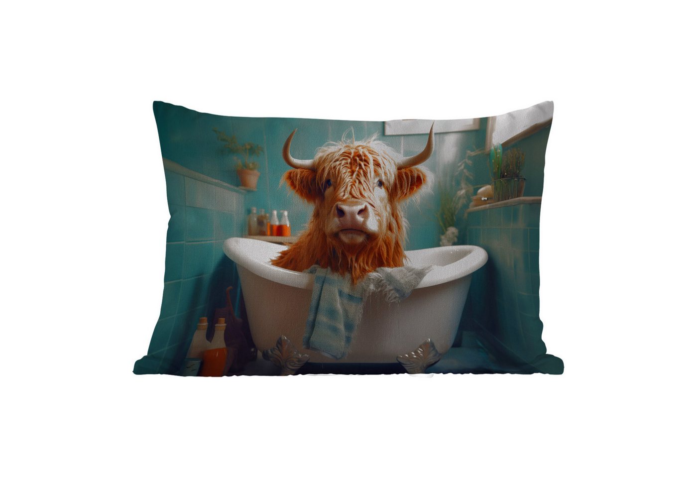 MuchoWow Dekokissen Schottischer Highlander - Badezimmer - Blau - Bad, Outdoor-Dekorationskissen, Kissen, Kissenbezug, 50x30 cm MuchoWow Dekokissen Schottischer Highlander - Badezimmer - Blau - Bad, Outdoor-Dekorationskissen, Kissen, Kissenbezug, 50x30 cm von MuchoWow