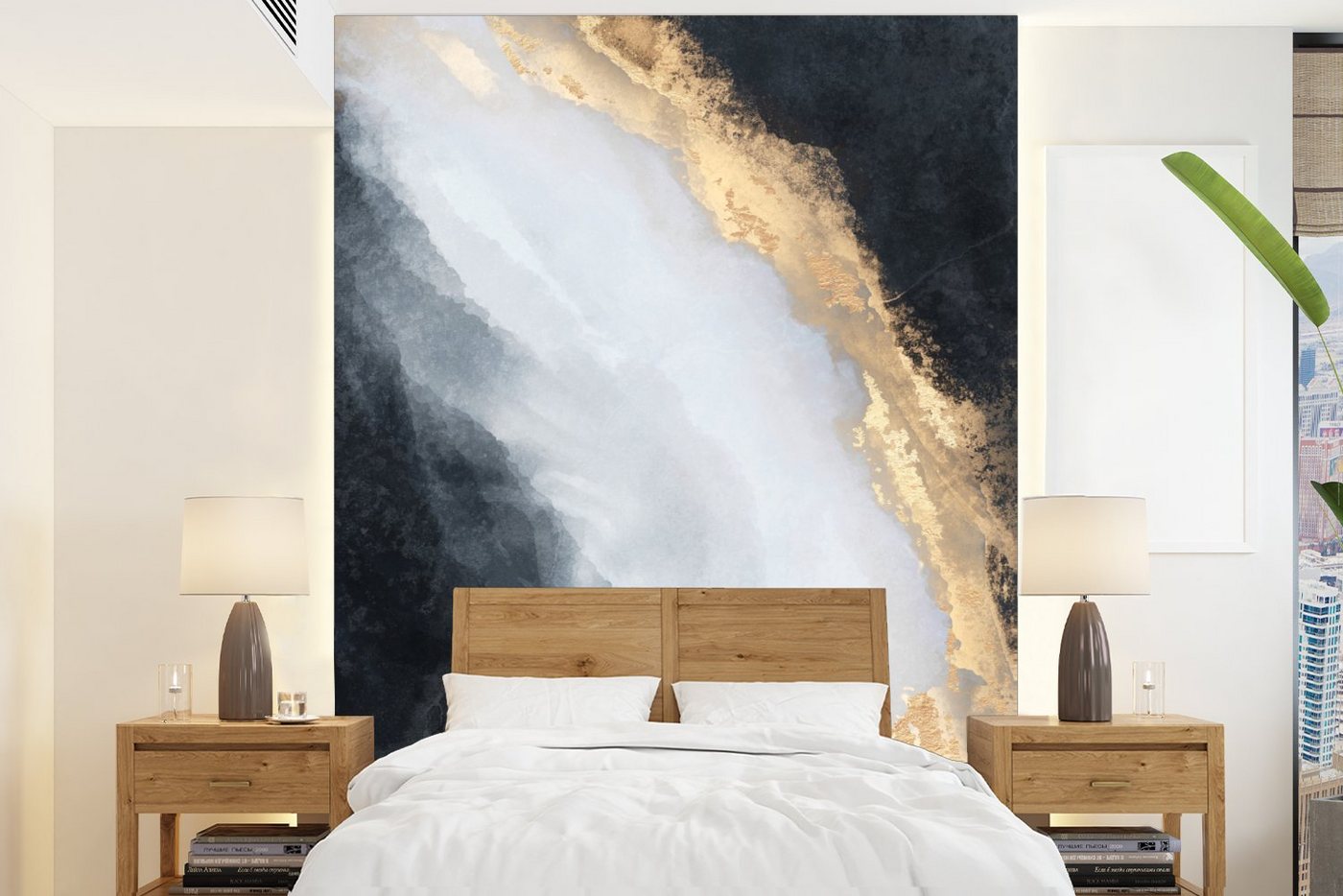MuchoWow Fototapete Abstrakt - Farbe - Gold - Schwarz - Marmor, Matt, bedruckt, (4 St), Vliestapete für Wohnzimmer Schlafzimmer Küche, Fototapete, 160x220 cm von MuchoWow