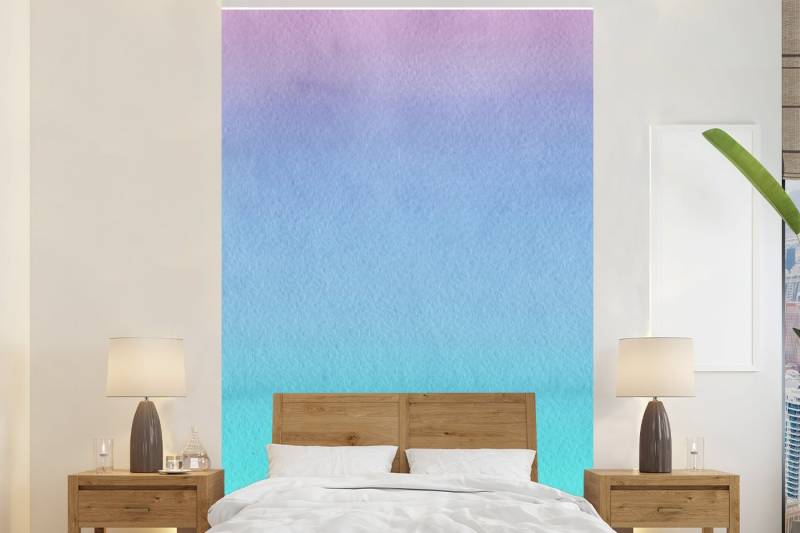 MuchoWow Fototapete Aquarell - Lila - Türkis, Matt, bedruckt, (4 St), Wallpaper für Wohnzimmer, Schlafzimmer, Vinyl Tapete, 160x240 cm von MuchoWow