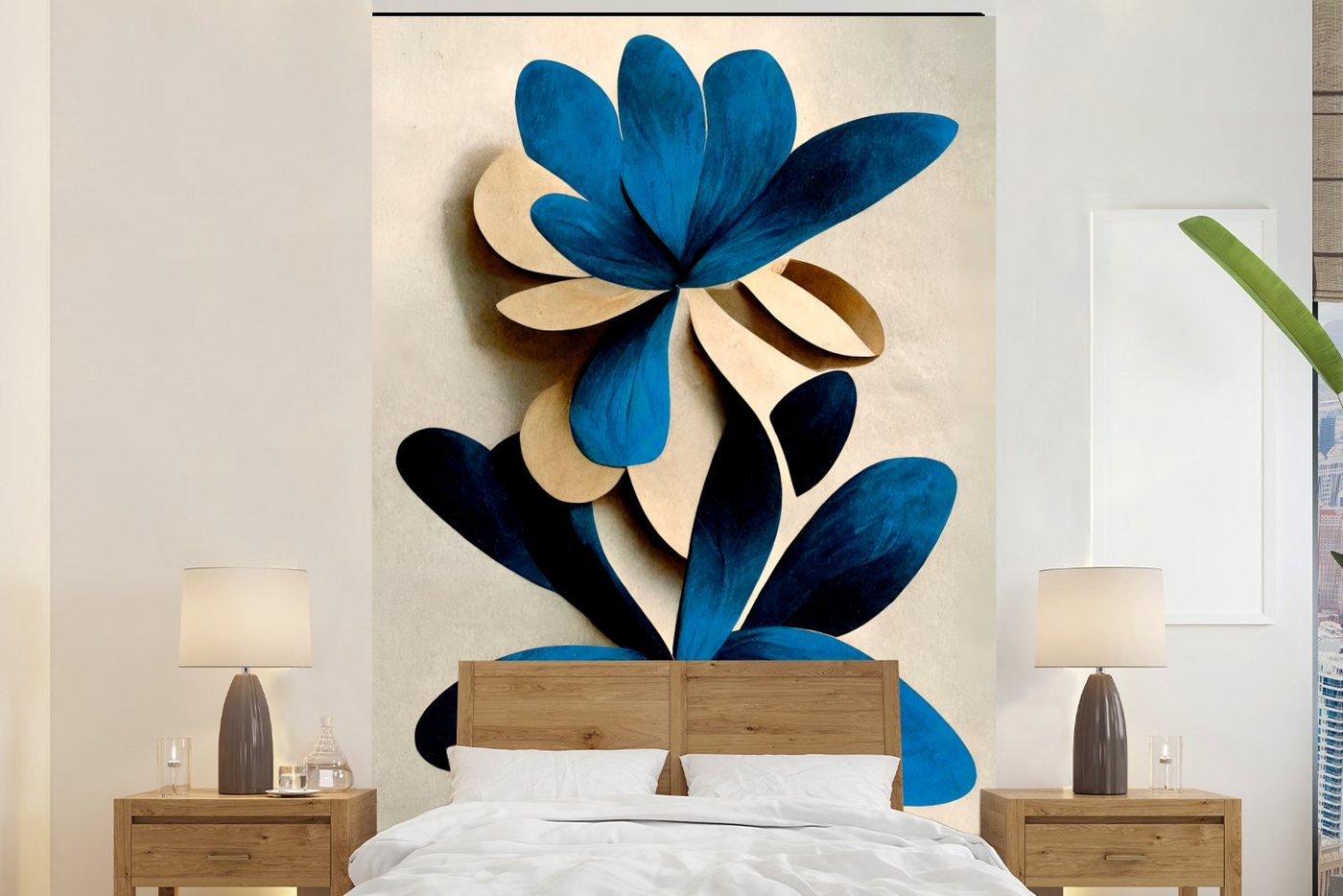 MuchoWow Fototapete Blätter - Pflanzen - Blau - Lilie, Matt, bedruckt, (3 St), Montagefertig Vinyl Tapete für Wohnzimmer, Wandtapete von MuchoWow