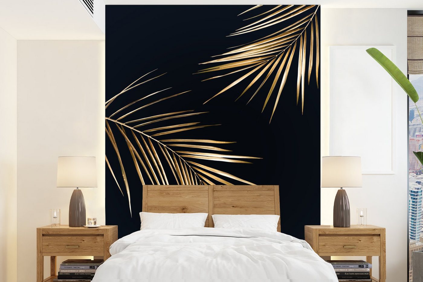 MuchoWow Fototapete Blätter - Pflanzen - Gold - Schwarz - Luxus, Matt, bedruckt, (4 St), Montagefertig Vinyl Tapete für Wohnzimmer, Wandtapete von MuchoWow