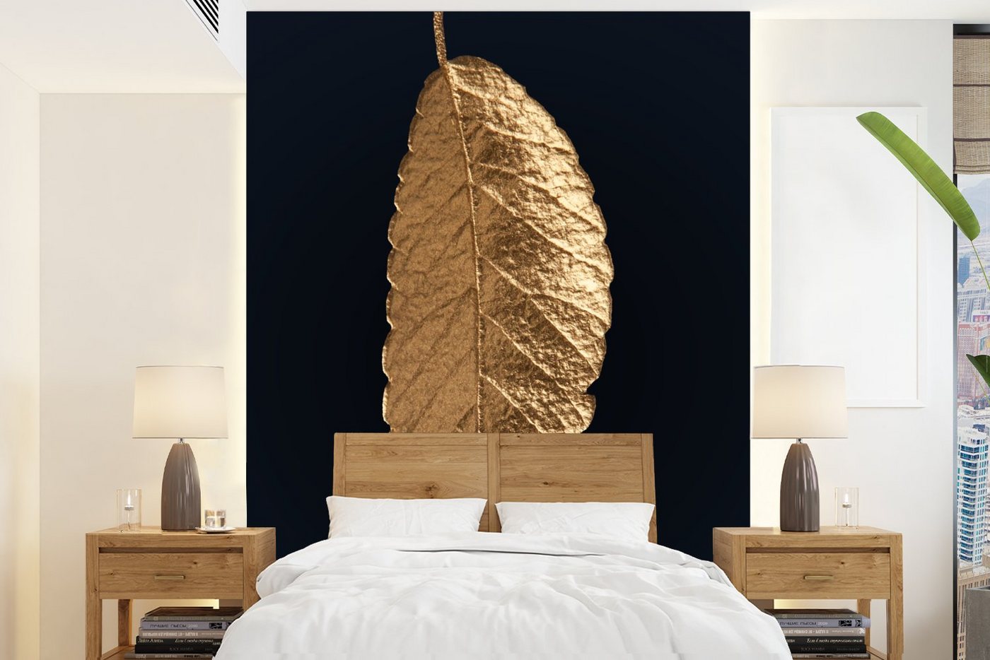 MuchoWow Fototapete Blätter - Schwarz - Gold - Luxus - Natur, Matt, bedruckt, (4 St), Montagefertig Vinyl Tapete für Wohnzimmer, Wandtapete von MuchoWow