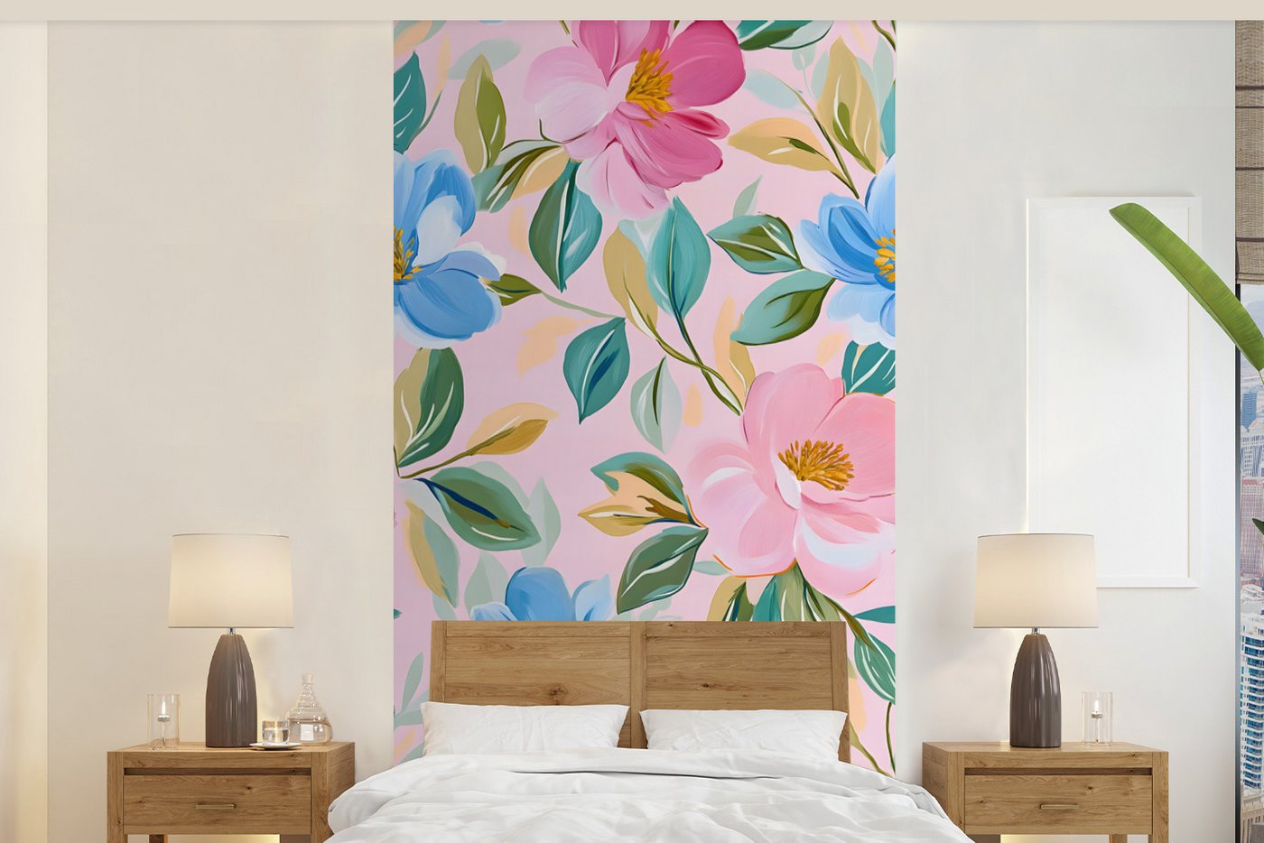 MuchoWow Fototapete Blau - Rosa - Blumen, Matt, bedruckt, Vliestapete für Wohnzimmer Schlafzimmer Küche, Fototapete, 120x240 cm von MuchoWow