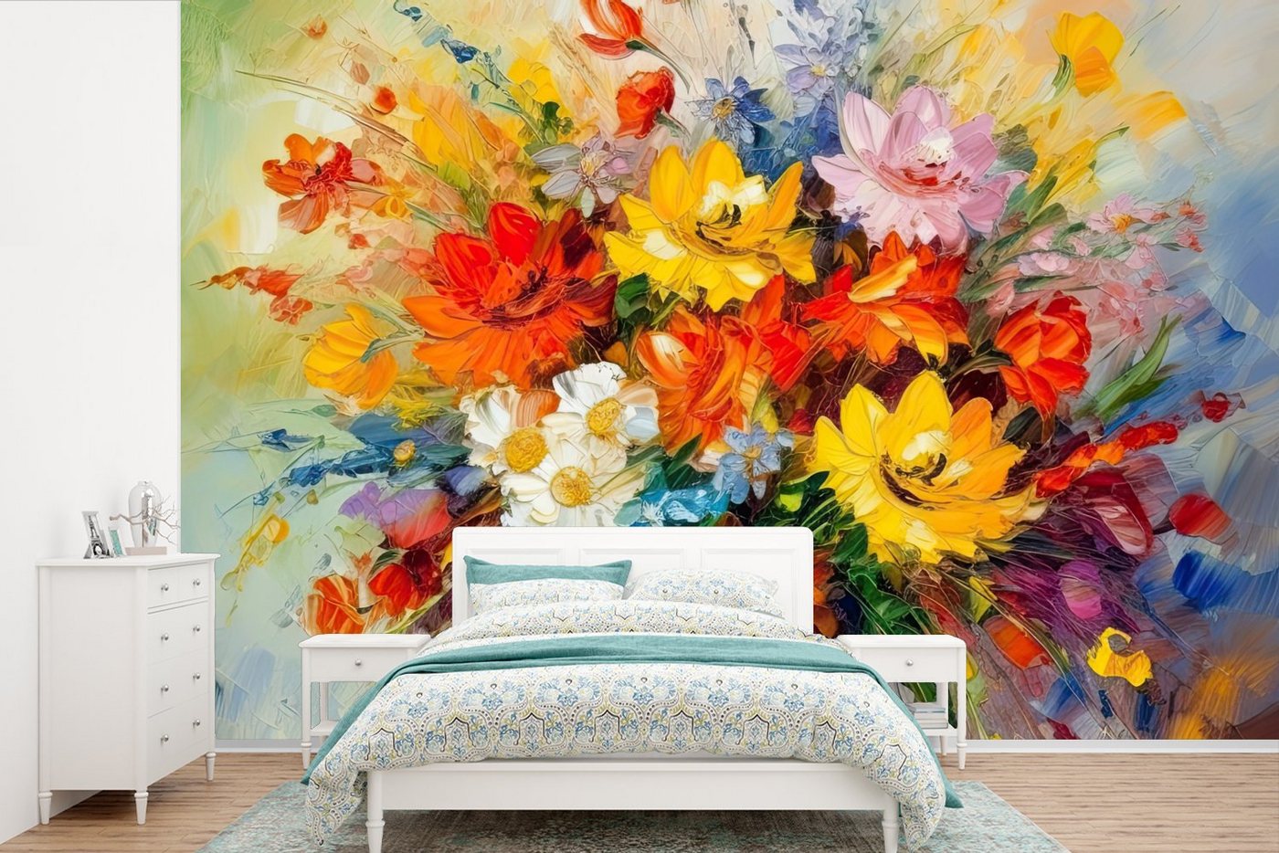 MuchoWow Fototapete Blumen - Bunt - Ölfarbe - Blumentopf, Matt, bedruckt, (10 St), Vinyl Tapete für Wohnzimmer oder Schlafzimmer, Wandtapete von MuchoWow