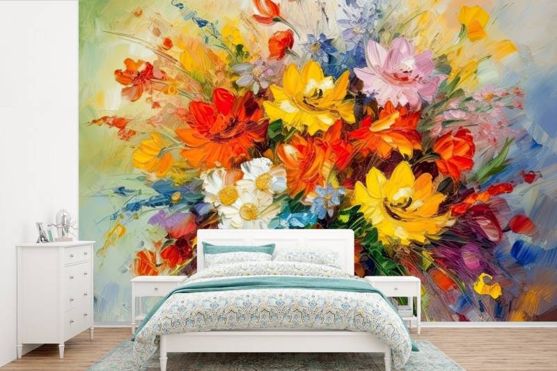 MuchoWow Fototapete Blumen - Bunt - Ölfarbe - Blumentopf, Matt, bedruckt, (11 St), Wallpaper für Wohnzimmer, Schlafzimmer, Kinderzimmer, Vinyl Tapete von MuchoWow