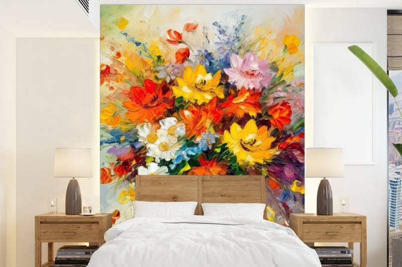 MuchoWow Fototapete Blumen - Bunt - Ölfarbe - Blumentopf, Matt, bedruckt, (4 St), Montagefertig Vinyl Tapete für Wohnzimmer, Wandtapete von MuchoWow