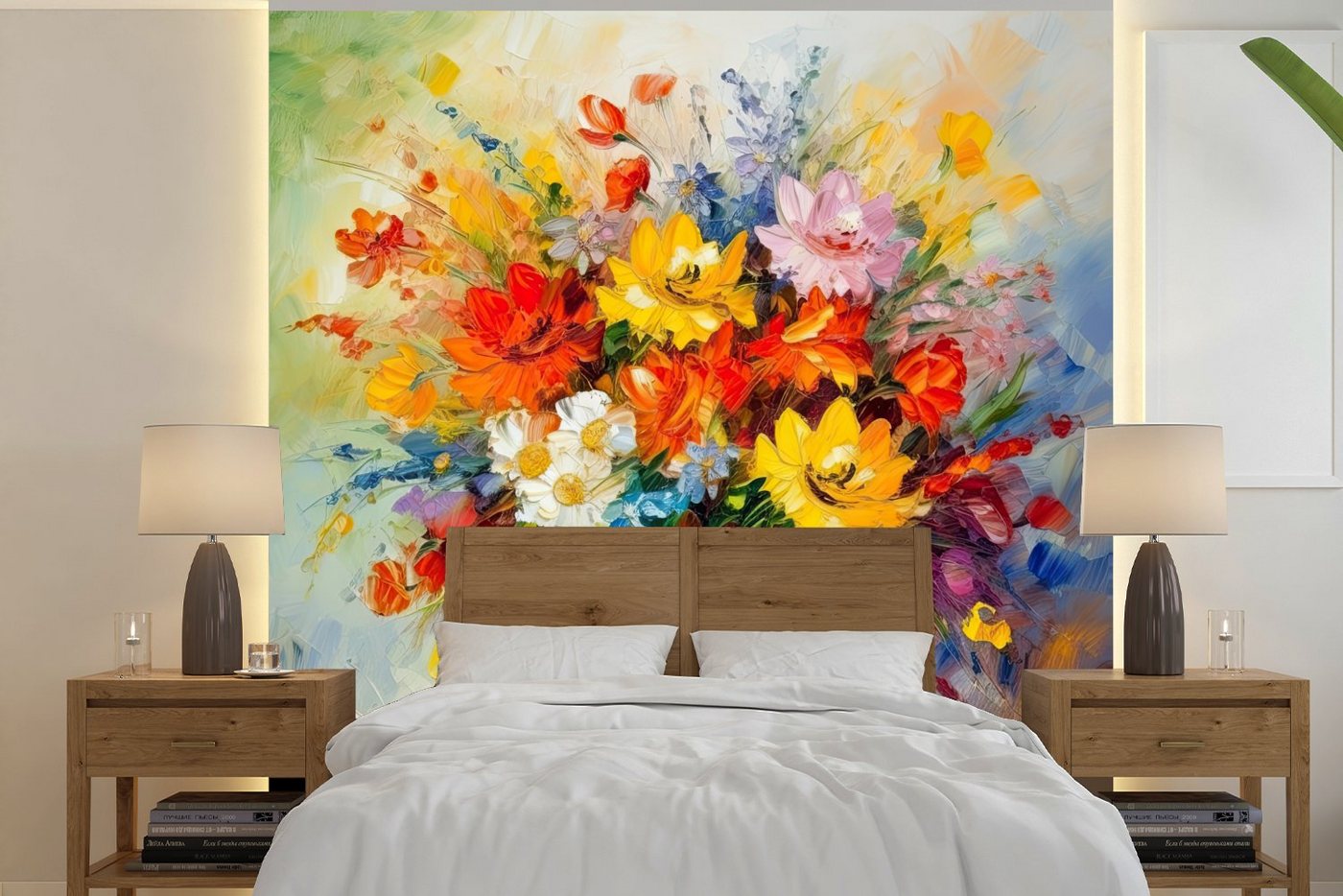 MuchoWow Fototapete Blumen - Bunt - Ölfarbe - Blumentopf, Matt, bedruckt, (5 St), Vinyl Tapete für Wohnzimmer oder Schlafzimmer, Wandtapete von MuchoWow