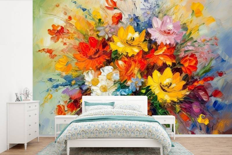 MuchoWow Fototapete Blumen - Bunt - Ölfarbe - Blumentopf, Matt, bedruckt, (7 St), Vinyl Tapete für Wohnzimmer oder Schlafzimmer, Wandtapete von MuchoWow