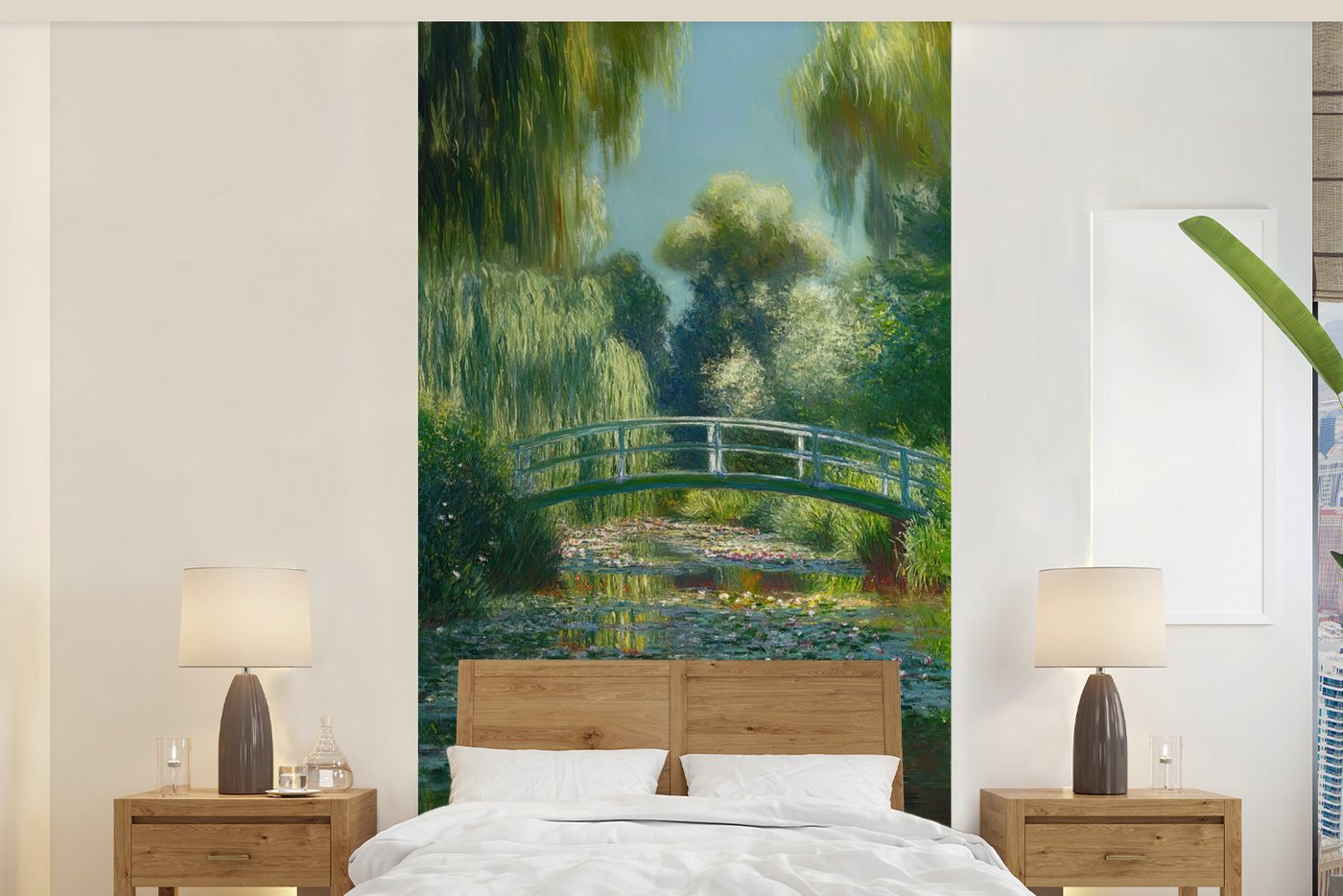MuchoWow Fototapete Brücke - Holz - Teich - Seerosen, Matt, bedruckt, Vliestapete für Wohnzimmer Schlafzimmer Küche, Fototapete, 120x240 cm von MuchoWow