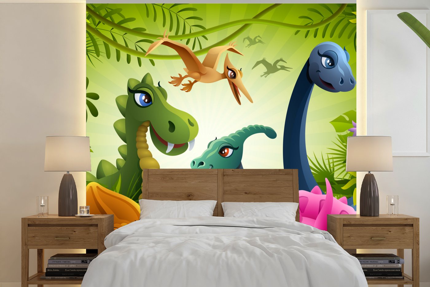 MuchoWow Fototapete Dinosaurier - Tiere - Dschungel - Illustration - Baby - Jungen - Mädch, Matt, bedruckt, (5 St), Vliestapete für Wohnzimmer Schlafzimmer Küche, Fototapete, 220x220 cm von MuchoWow