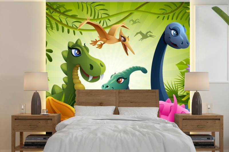 MuchoWow Fototapete Dinosaurier - Tiere - Dschungel - Illustration - Baby - Jungen - Mädch, Matt, bedruckt, (5 St), Vliestapete für Wohnzimmer Schlafzimmer Küche, Fototapete, 220x220 cm von MuchoWow