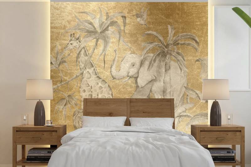 MuchoWow Fototapete Dschungel - Kinder - Gold - Tiere, Matt, bedruckt, (5 St), Vliestapete für Wohnzimmer Schlafzimmer Küche, Fototapete, 220x220 cm von MuchoWow