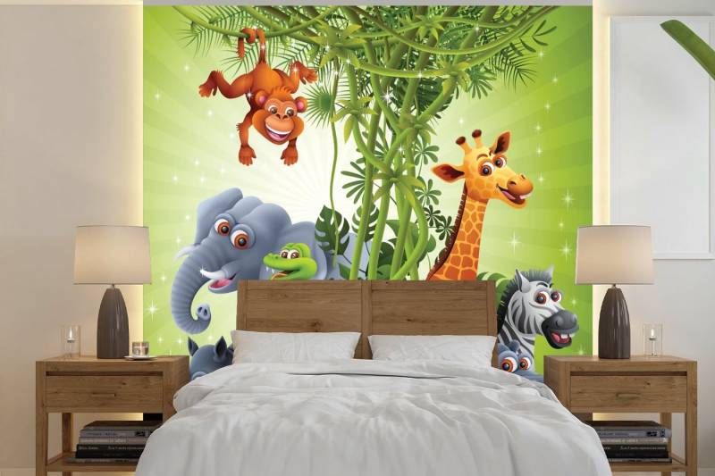 MuchoWow Fototapete Dschungeltiere - Pflanzen - Kinder - Elefant - Giraffe - Löwe, Matt, bedruckt, (5 St), Vliestapete für Wohnzimmer Schlafzimmer Küche, Fototapete, 220x220 cm von MuchoWow