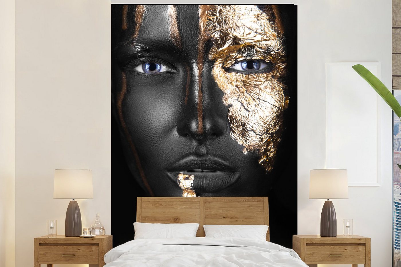MuchoWow Fototapete Frau - Blattgold - Schwarz - Gold - Luxus, Matt, bedruckt, (4 St), Wallpaper für Wohnzimmer, Schlafzimmer, Vinyl Tapete, 160x240 cm von MuchoWow