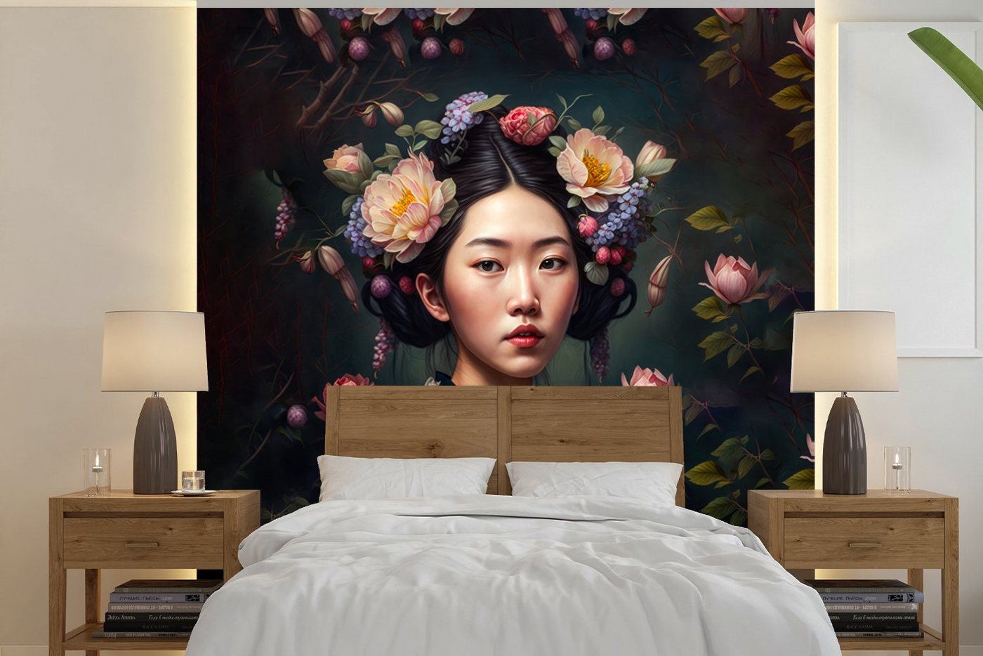 MuchoWow Fototapete Frau - Blumen - Kimono - Porträt - Asiatisch, Matt, bedruckt, (7 St), Vinyl Tapete für Wohnzimmer oder Schlafzimmer, Wandtapete von MuchoWow