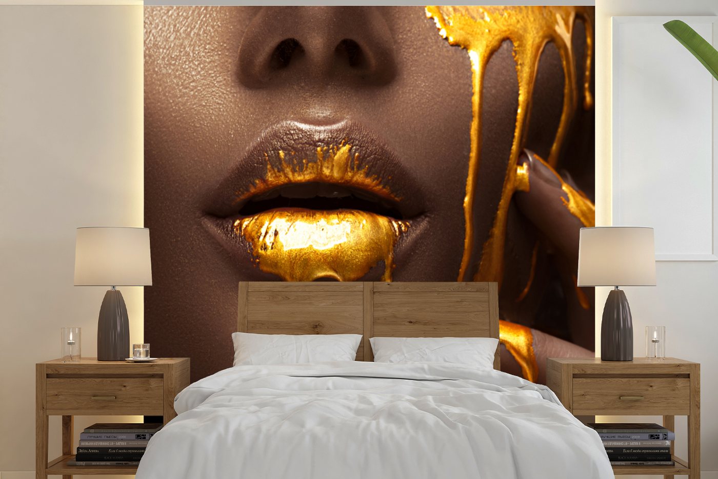 MuchoWow Fototapete Frau - Gold - Lippen, Matt, bedruckt, (5 St), Vliestapete für Wohnzimmer Schlafzimmer Küche, Fototapete, 220x220 cm von MuchoWow