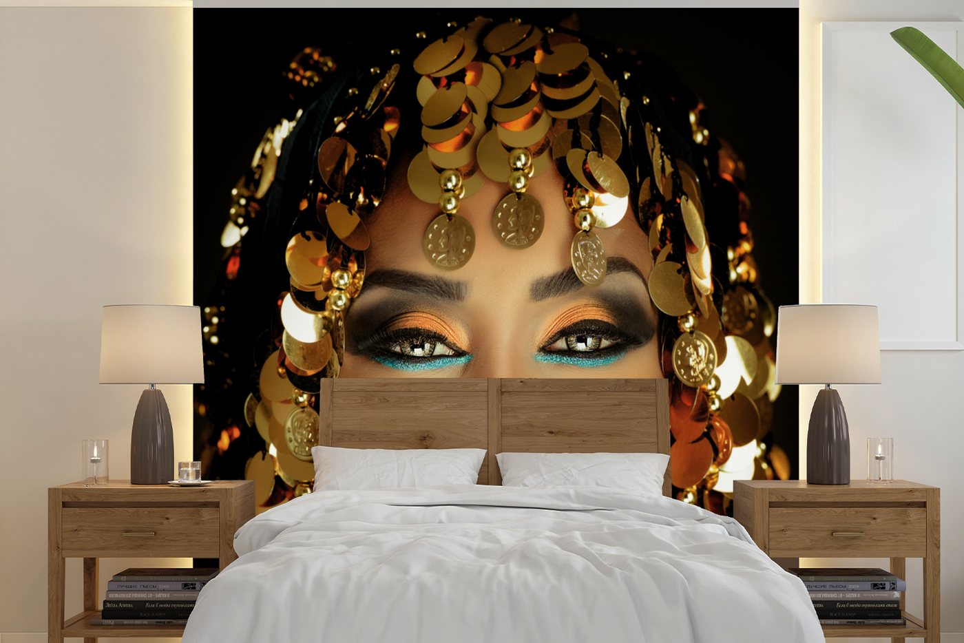 MuchoWow Fototapete Frau - Gold - Schwarz, Matt, bedruckt, (5 St), Vliestapete für Wohnzimmer Schlafzimmer Küche, Fototapete, 220x220 cm von MuchoWow