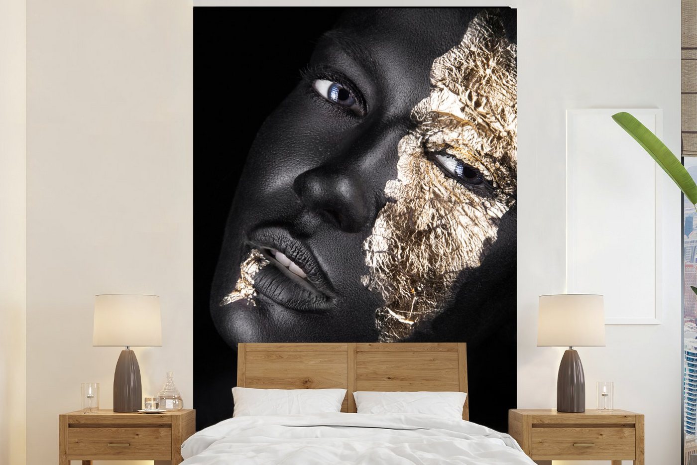 MuchoWow Fototapete Frau - Gold - Schwarz - Farbe - Luxus, Matt, bedruckt, (4 St), Wallpaper für Wohnzimmer, Schlafzimmer, Vinyl Tapete, 160x240 cm von MuchoWow