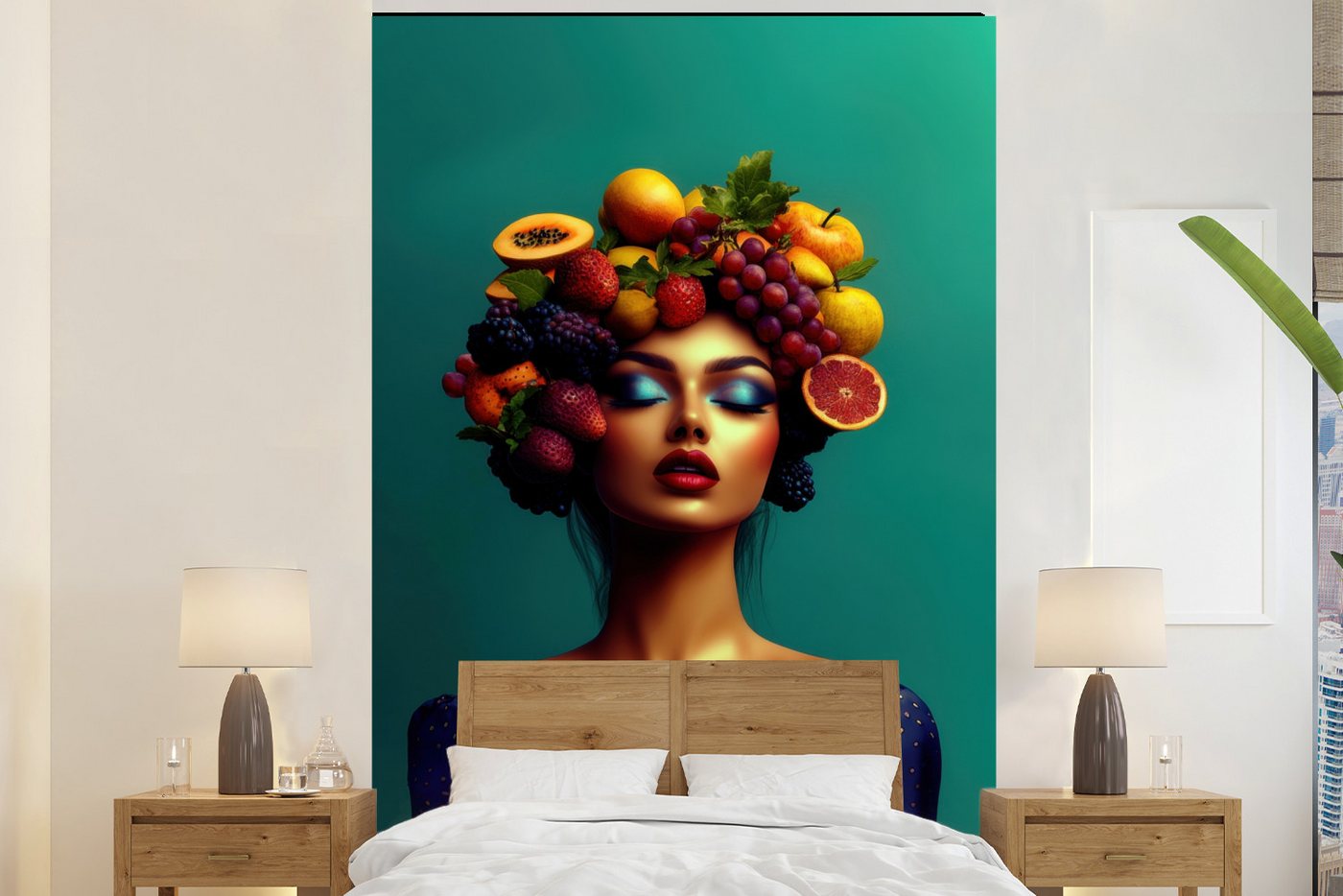 MuchoWow Fototapete Frau - Kapuzenoberteil - Tropisch - Obst - Weintrauben, Matt, bedruckt, Montagefertig Vinyl Tapete, Wandtapete, 145x220 cm von MuchoWow