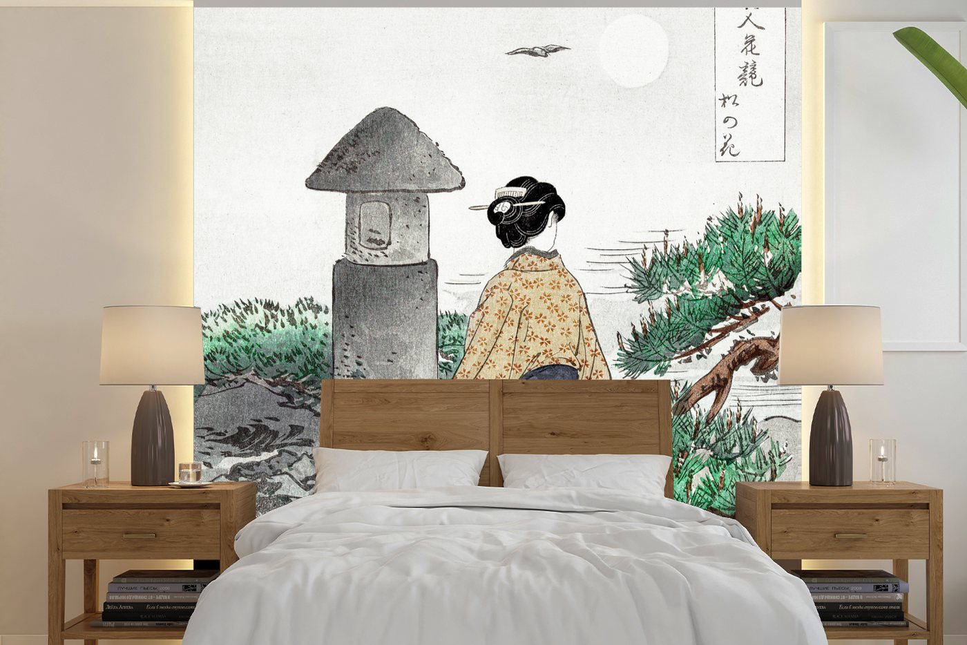 MuchoWow Fototapete Frau - Kimono - Baum - Japanisch, Matt, bedruckt, (6 St), Vinyl Tapete für Wohnzimmer oder Schlafzimmer, Wandtapete von MuchoWow