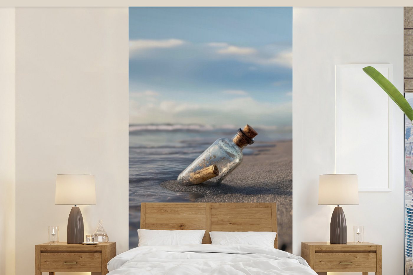 MuchoWow Fototapete Glasflasche - Post - Meer - Sand, Matt, bedruckt, Vliestapete für Wohnzimmer Schlafzimmer Küche, Fototapete, 120x240 cm von MuchoWow