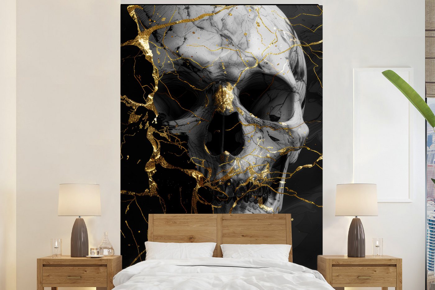MuchoWow Fototapete Gold - Abstrakt - Totenkopf - Gruselig - Tod, Matt, bedruckt, Montagefertig Vinyl Tapete, Wandtapete, 145x220 cm von MuchoWow