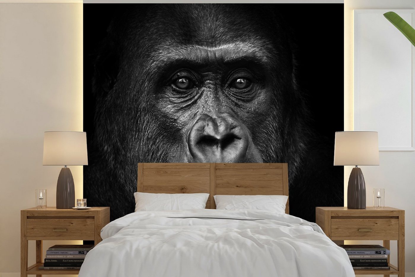 MuchoWow Fototapete Gorilla - Schwarz - Weiß - Tiere - Porträt, Matt, bedruckt, (5 St), Vinyl Tapete für Wohnzimmer oder Schlafzimmer, Wandtapete von MuchoWow