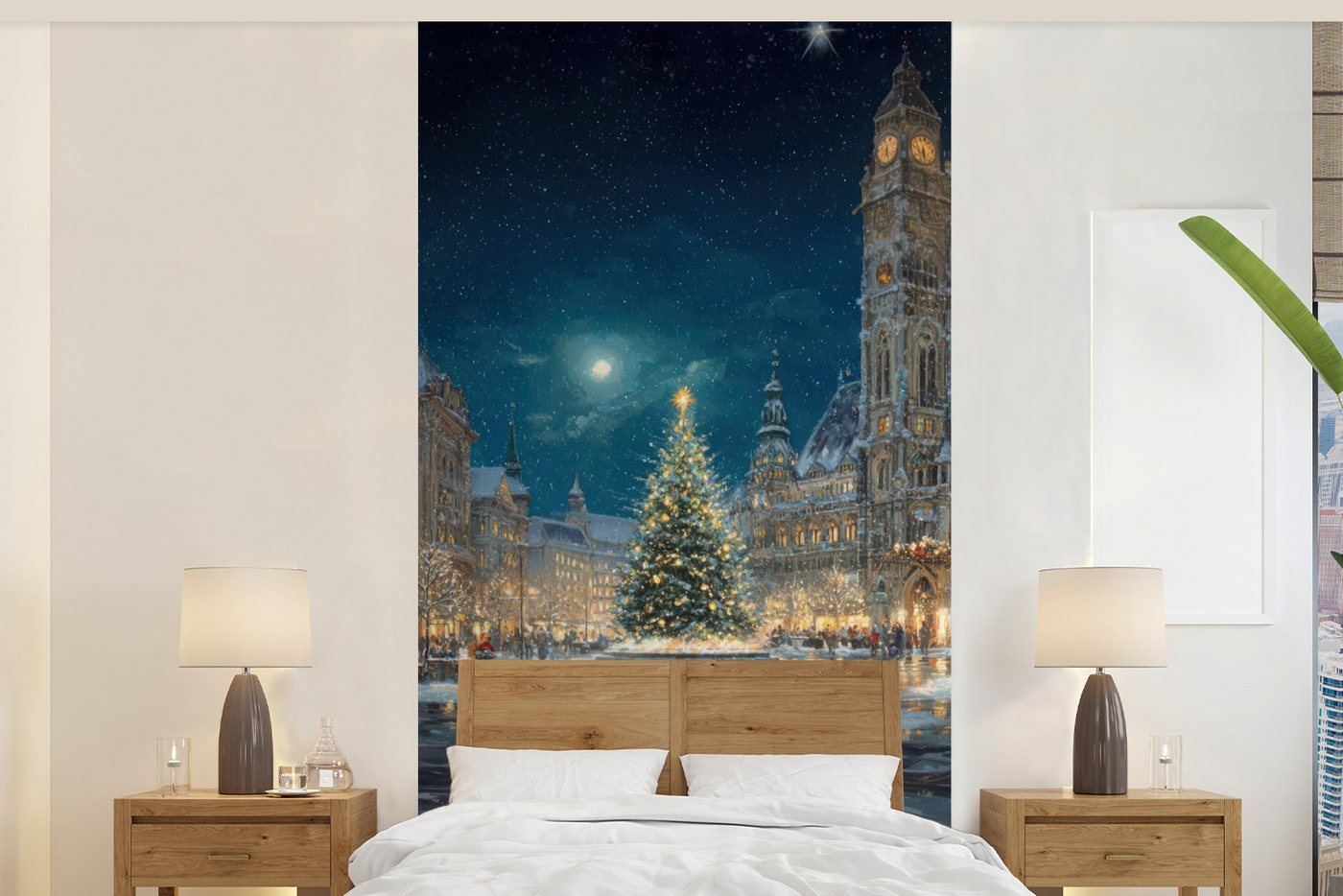 MuchoWow Fototapete Heiligabend - Town Square - Mehrfarbig, Matt, bedruckt, Vliestapete für Wohnzimmer Schlafzimmer Küche, Fototapete, 120x240 cm von MuchoWow