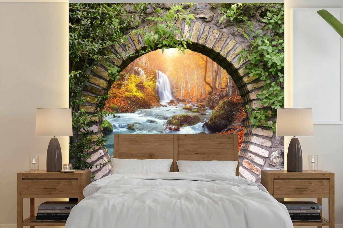 MuchoWow Fototapete Herbst - Wasserfall - Natur - Aussicht, Matt, bedruckt, (5 St), Vliestapete für Wohnzimmer Schlafzimmer Küche, Fototapete, 220x220 cm von MuchoWow