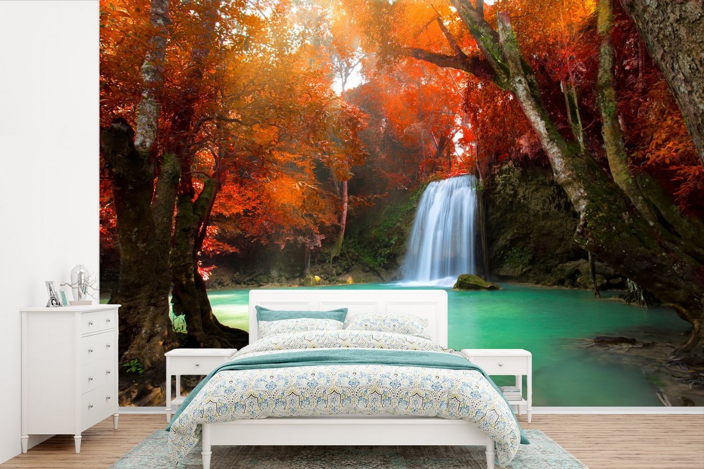 MuchoWow Fototapete Herbst - Wasserfall - Wald, Matt, bedruckt, (11 St), Wallpaper für Wohnzimmer, Schlafzimmer, Kinderzimmer, Vinyl Tapete von MuchoWow