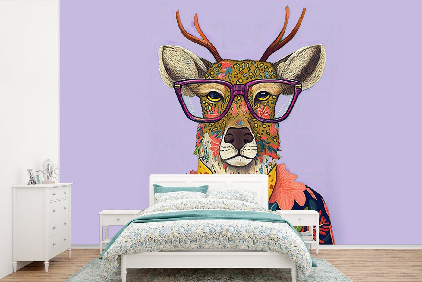 MuchoWow Fototapete Hirsche - Tiere - Blumen - Hippie, Matt, bedruckt, (10 St), Vinyl Tapete für Wohnzimmer oder Schlafzimmer, Wandtapete von MuchoWow