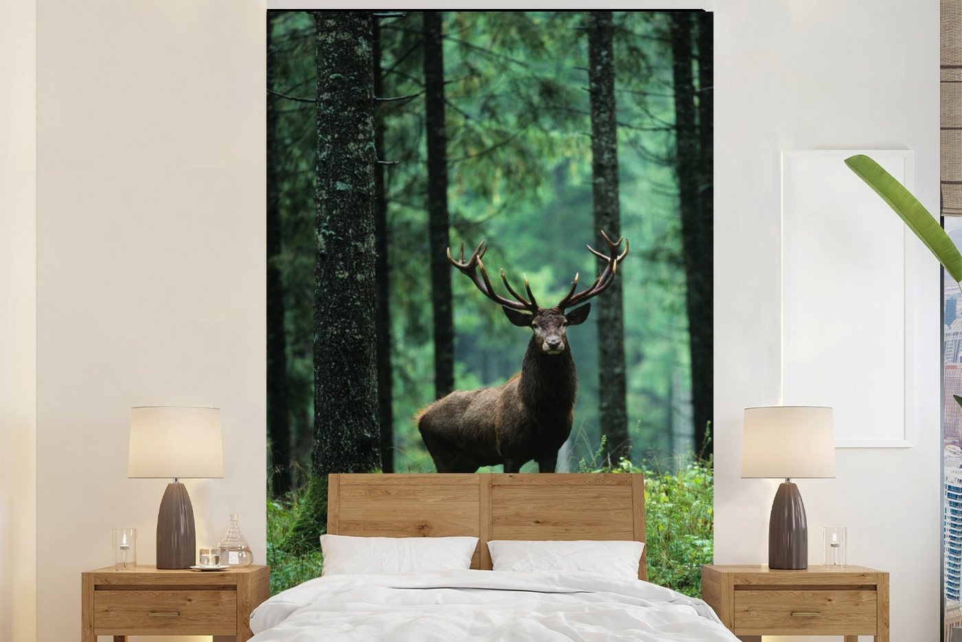 MuchoWow Fototapete Hirsche - Wald - Bäume - Tiere - Natur, Matt, bedruckt, (3 St), Montagefertig Vinyl Tapete für Wohnzimmer, Wandtapete von MuchoWow