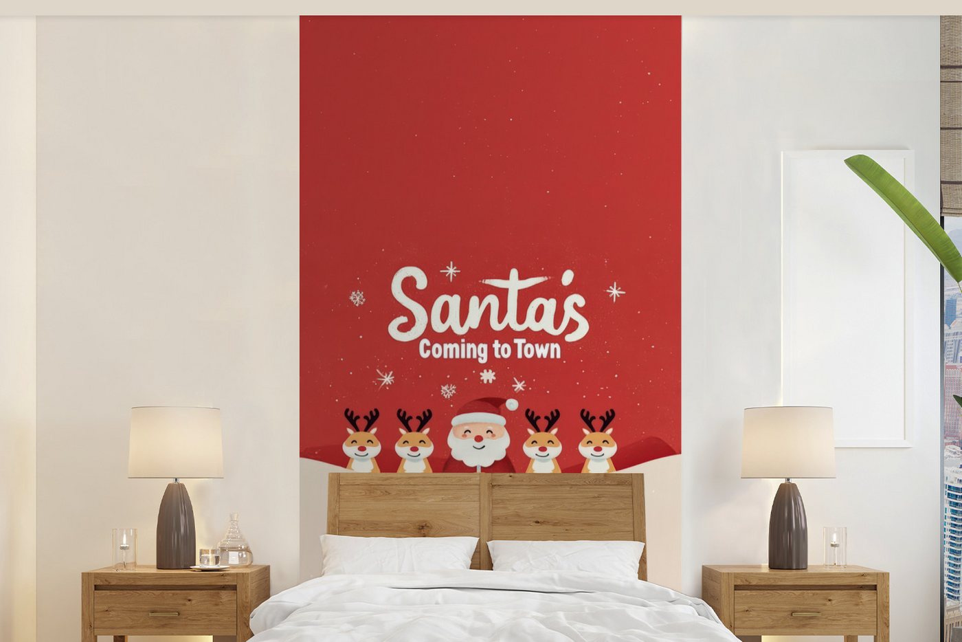 MuchoWow Fototapete Illustration - Weihnachtsmann - Rentier - Rot, Matt, bedruckt, Vliestapete für Wohnzimmer Schlafzimmer Küche, Fototapete, 120x240 cm von MuchoWow