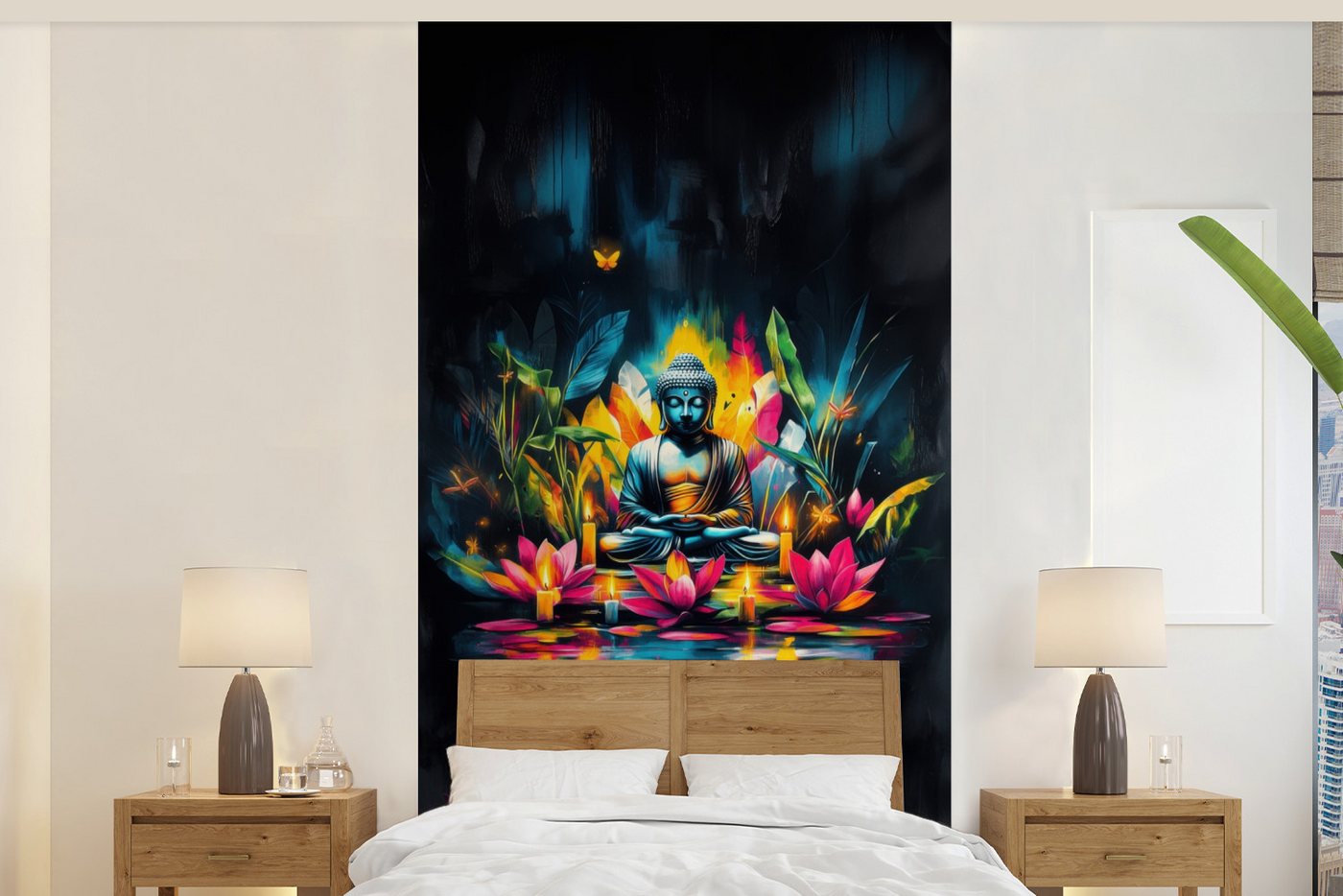 MuchoWow Fototapete Kerzen - Blumen - Buddha - Wasser, Matt, bedruckt, Vliestapete für Wohnzimmer Schlafzimmer Küche, Fototapete, 120x240 cm von MuchoWow