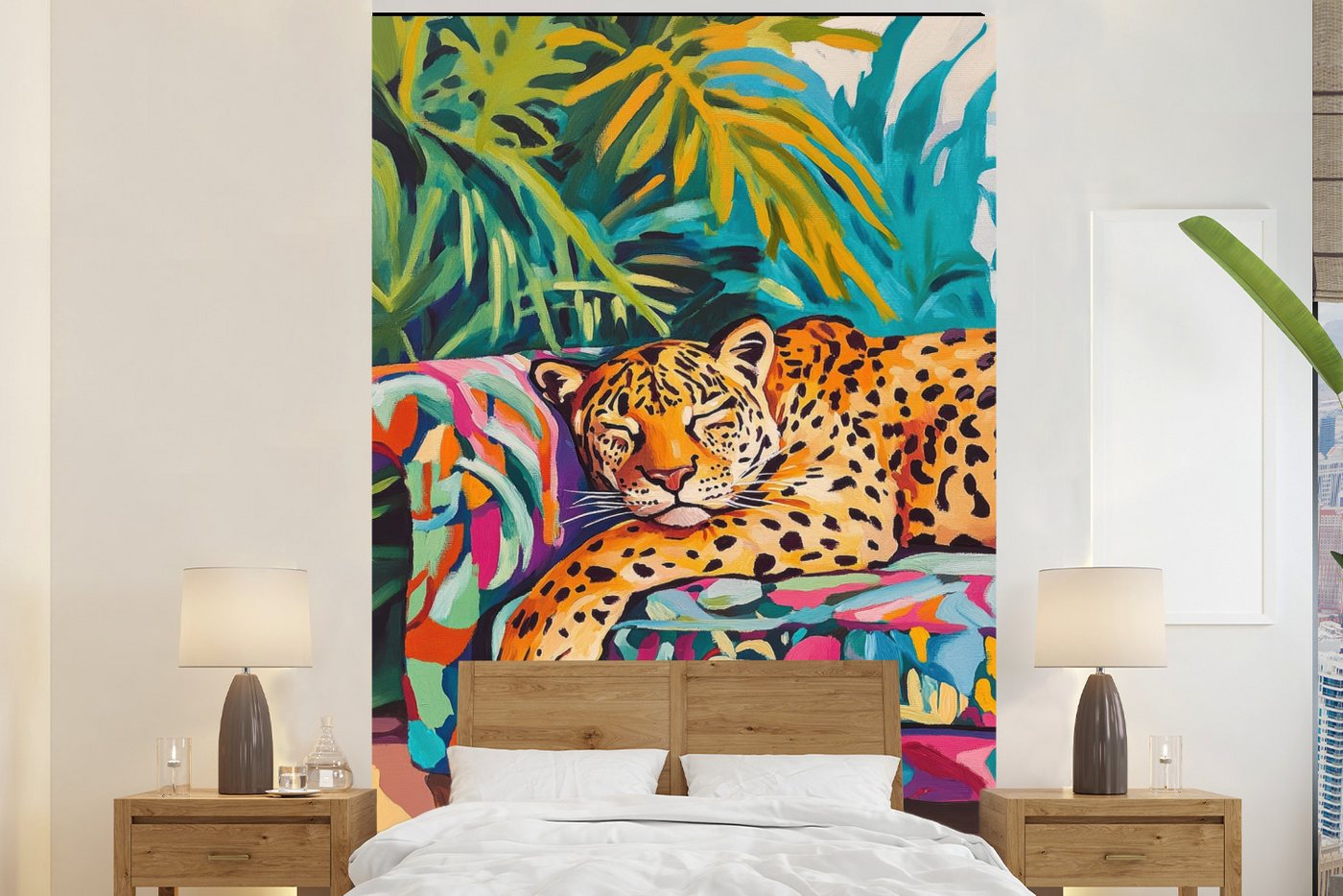 MuchoWow Fototapete Leopard - Bunt - Tropisch, Matt, bedruckt, Montagefertig Vinyl Tapete, Wandtapete, 145x220 cm von MuchoWow