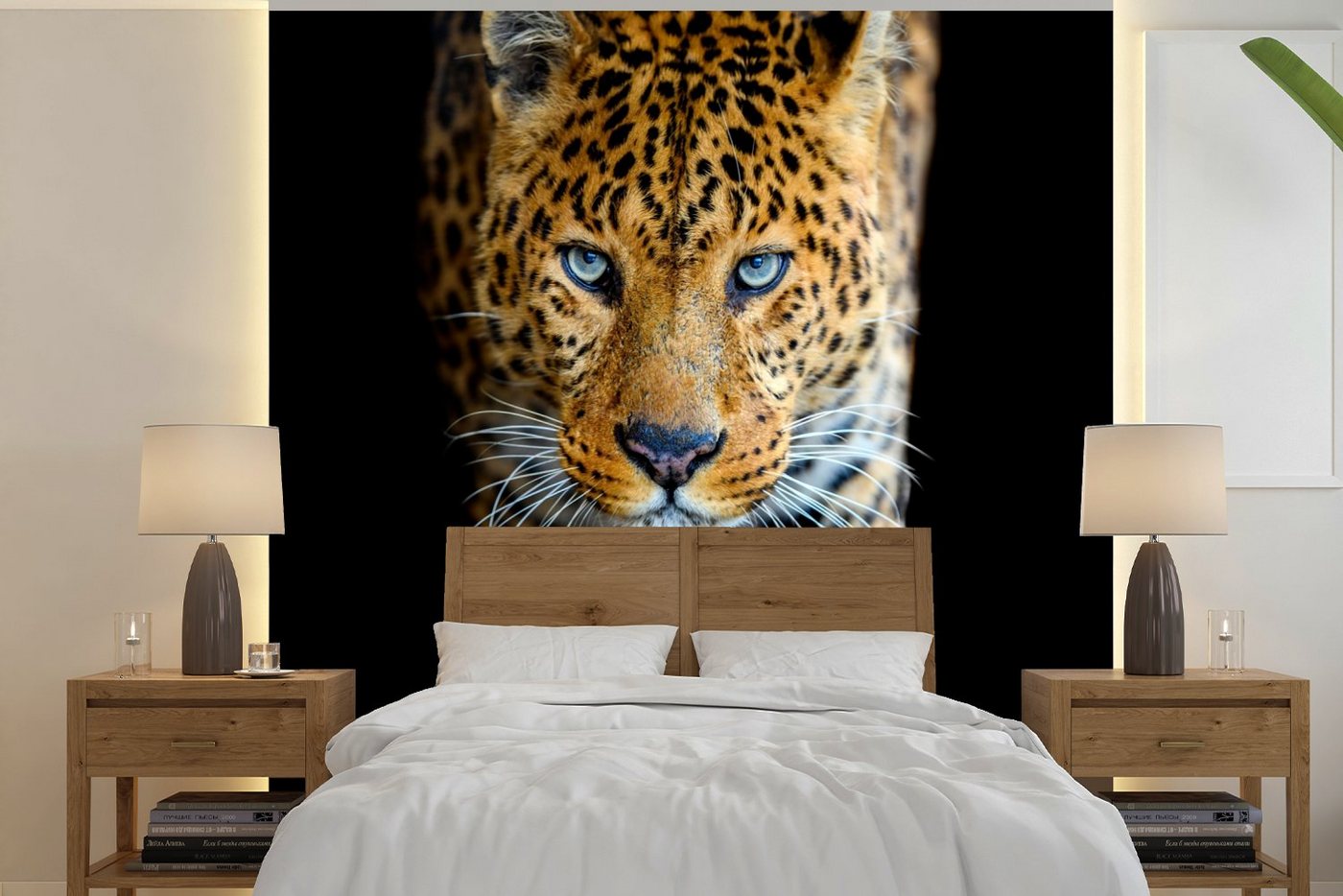 MuchoWow Fototapete Leopard - Tiere - Porträt - Wildtiere - Schwarz, Matt, bedruckt, (5 St), Vliestapete für Wohnzimmer Schlafzimmer Küche, Fototapete, 220x220 cm von MuchoWow